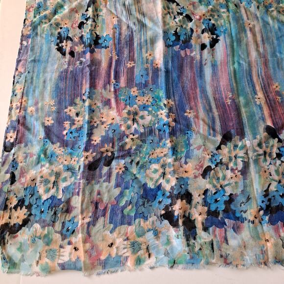 Blue Pink Cream Floral Print Rectangular Scarf w Raw Frayed Ends Size 27 X 72 - Picture 4 of 4